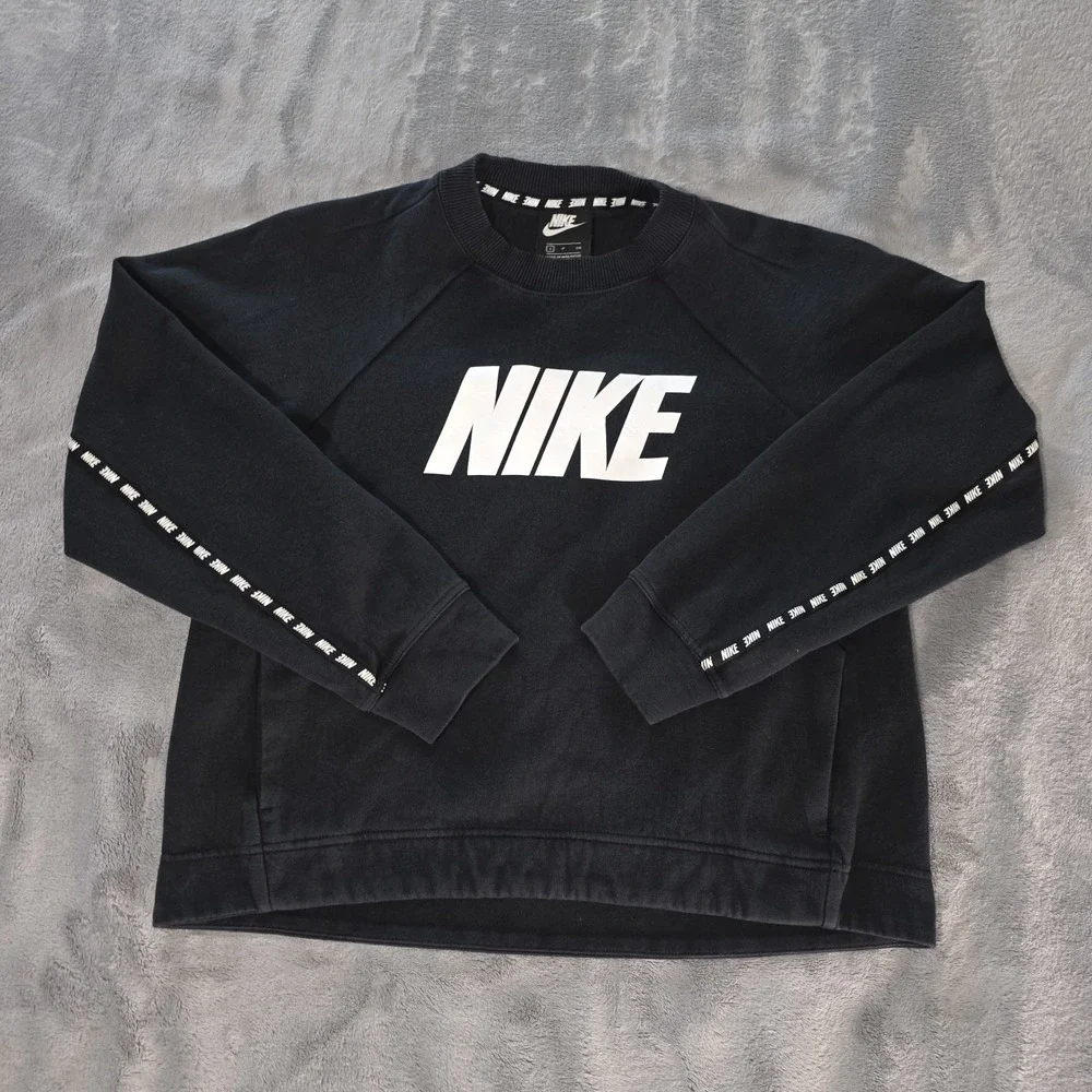 Nike Sportswear Optic Crewneck Top Womens Small Black NIKE Spell Out & Arm‎ Trim